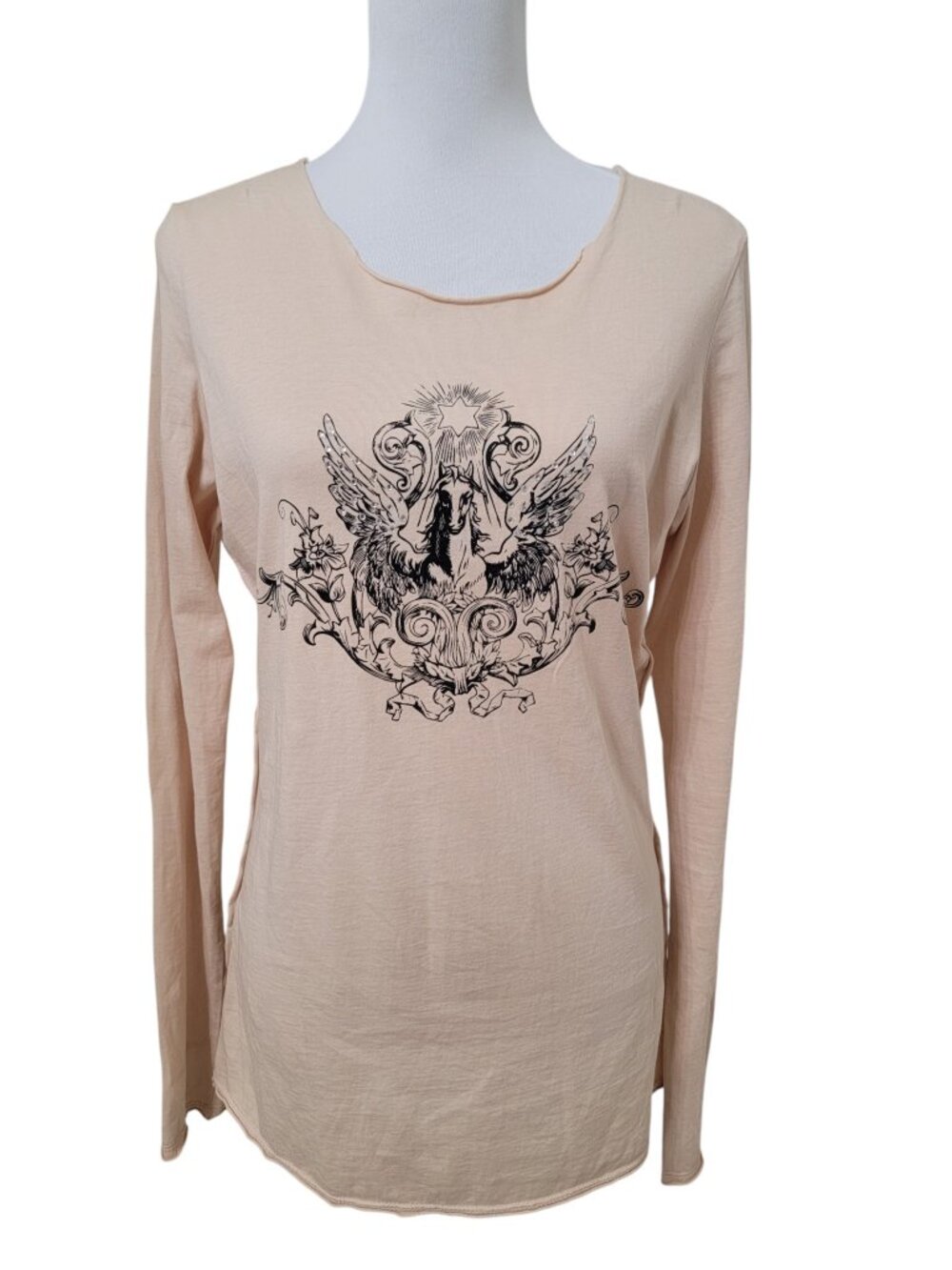 Bleu Temple Size L Tan LS Tee with Pegasus Graphic and Rhinestone Detail